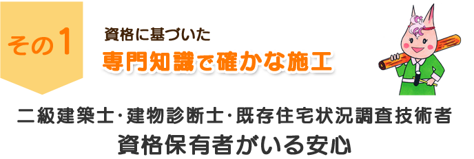 その１　資格に基づいた専門知識で確かな施工　二級建築士・建物診断士・既存住宅状況調査技術者　資格保有者がいる安心