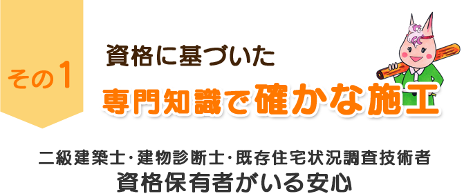 その１　資格に基づいた専門知識で確かな施工　二級建築士・建物診断士・既存住宅状況調査技術者　資格保有者がいる安心